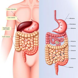 An informative medical illustration showcasing the human digestive system