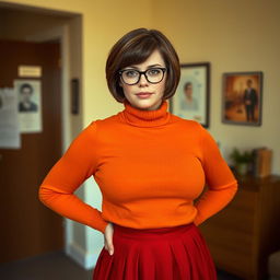 A realistic photo of a voluptuous woman resembling Velma Dinkley, featuring brown short hair and glasses, with freckles adorning her face