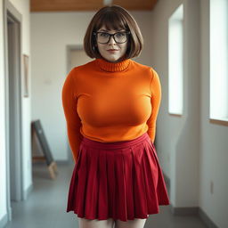 A realistic photo of a voluptuous woman resembling Velma Dinkley, featuring brown short hair and glasses, with freckles adorning her face