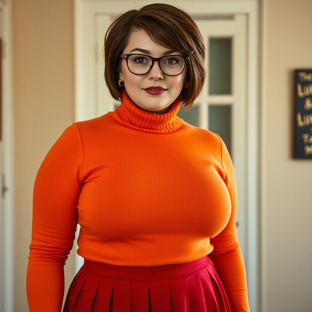 A realistic photo of a voluptuous woman resembling Velma Dinkley, featuring brown short hair and glasses, with freckles adorning her face