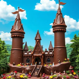 A whimsical chocolate castle surrounded by tiny little people in a lush, enchanted forest