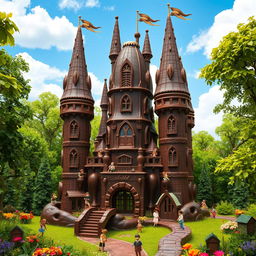 A whimsical chocolate castle surrounded by tiny little people in a lush, enchanted forest