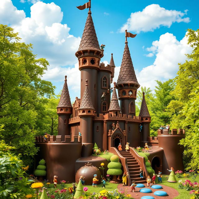 A whimsical chocolate castle surrounded by tiny little people in a lush, enchanted forest