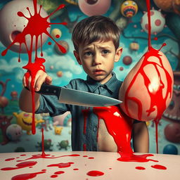 A surreal and provocative scene featuring a young boy in a bewildered expression, holding a knife as he attempts to slice through oversized, cartoonish breasts