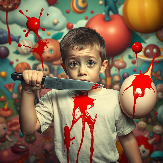 A surreal and provocative scene featuring a young boy in a bewildered expression, holding a knife as he attempts to slice through oversized, cartoonish breasts