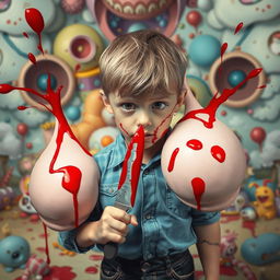 A surreal and provocative scene featuring a young boy in a bewildered expression, holding a knife as he attempts to slice through oversized, cartoonish breasts