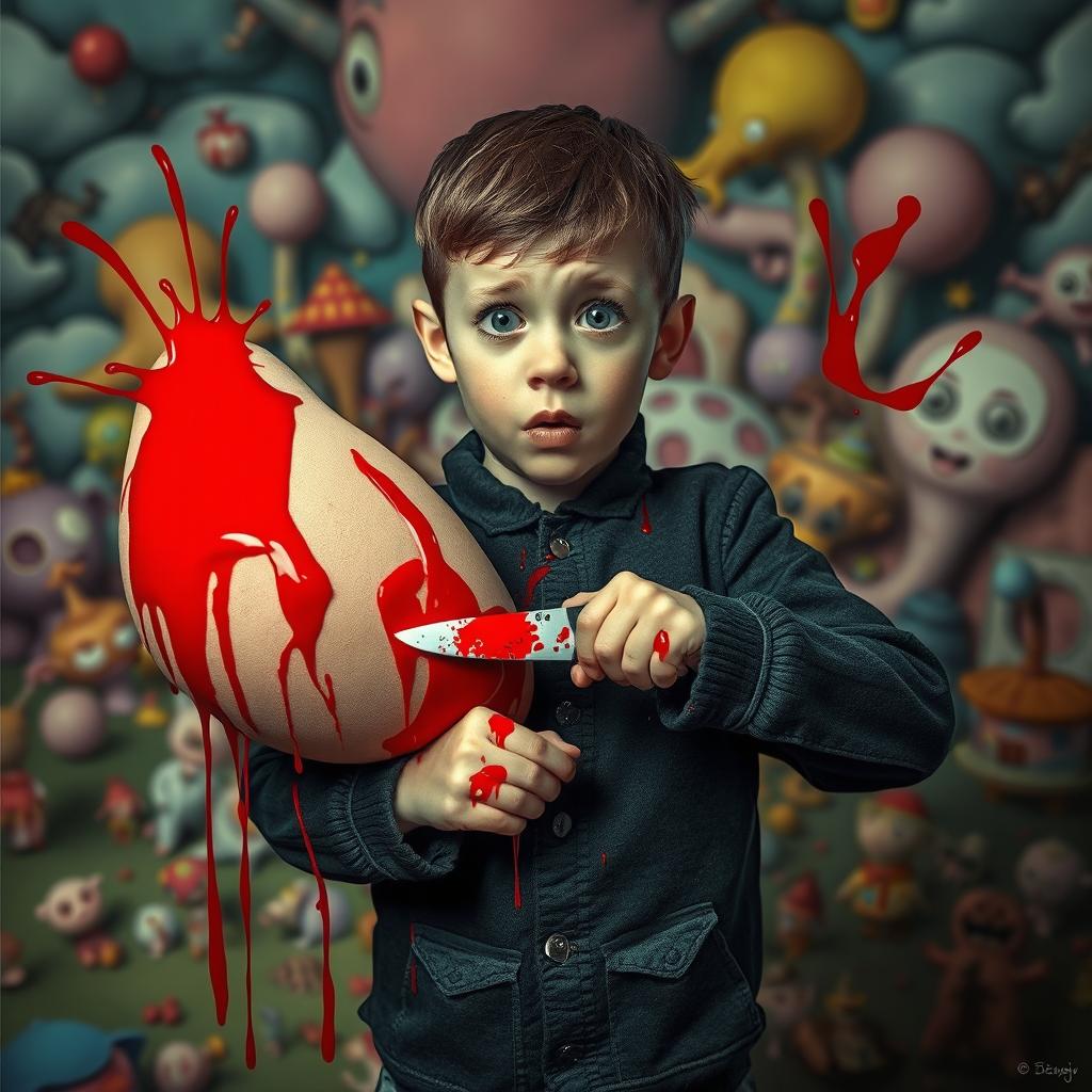 A surreal and provocative scene featuring a young boy in a bewildered expression, holding a knife as he attempts to slice through oversized, cartoonish breasts