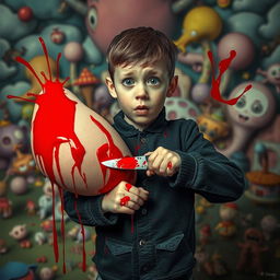 A surreal and provocative scene featuring a young boy in a bewildered expression, holding a knife as he attempts to slice through oversized, cartoonish breasts