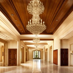 A spacious, elegant hall with high ceilings, ornate chandeliers, antique wooden furniture, and polished marble floors reflecting softer light.