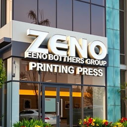 The facade of a modern commercial office featuring large and bold letters spelling 'Zeno Brothers Group Printing Press'