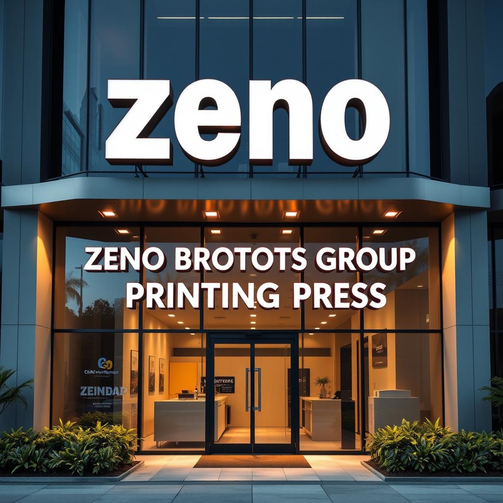 The facade of a modern commercial office featuring large and bold letters spelling 'Zeno Brothers Group Printing Press'