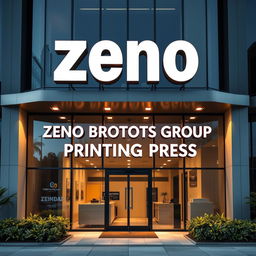 The facade of a modern commercial office featuring large and bold letters spelling 'Zeno Brothers Group Printing Press'