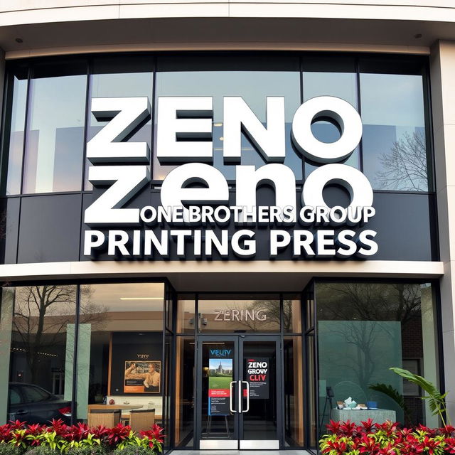 The facade of a modern commercial office featuring large and bold letters spelling 'Zeno Brothers Group Printing Press'