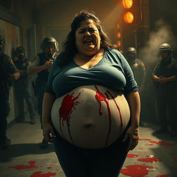 A dramatic scene depicting a tense moment where a fat woman is in distress, crying, and there is an intense expression on her face