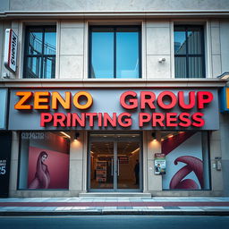 A striking commercial office facade showcasing the words 'Zeno Group Printing Press' prominently displayed in 3D lettering