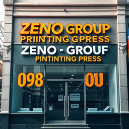 A striking commercial office facade showcasing the words 'Zeno Group Printing Press' prominently displayed in 3D lettering