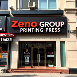 A striking commercial office facade showcasing the words 'Zeno Group Printing Press' prominently displayed in 3D lettering