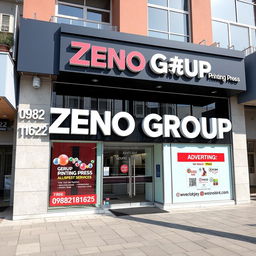 A striking commercial office facade showcasing the words 'Zeno Group Printing Press' prominently displayed in 3D lettering