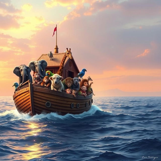 The biblical Noah's Ark sailing gracefully on a vast ocean, surrounded by a diverse array of animals peering out from the boat