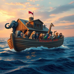 The biblical Noah's Ark sailing gracefully on a vast ocean, surrounded by a diverse array of animals peering out from the boat