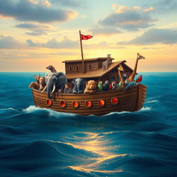 The biblical Noah's Ark sailing gracefully on a vast ocean, surrounded by a diverse array of animals peering out from the boat