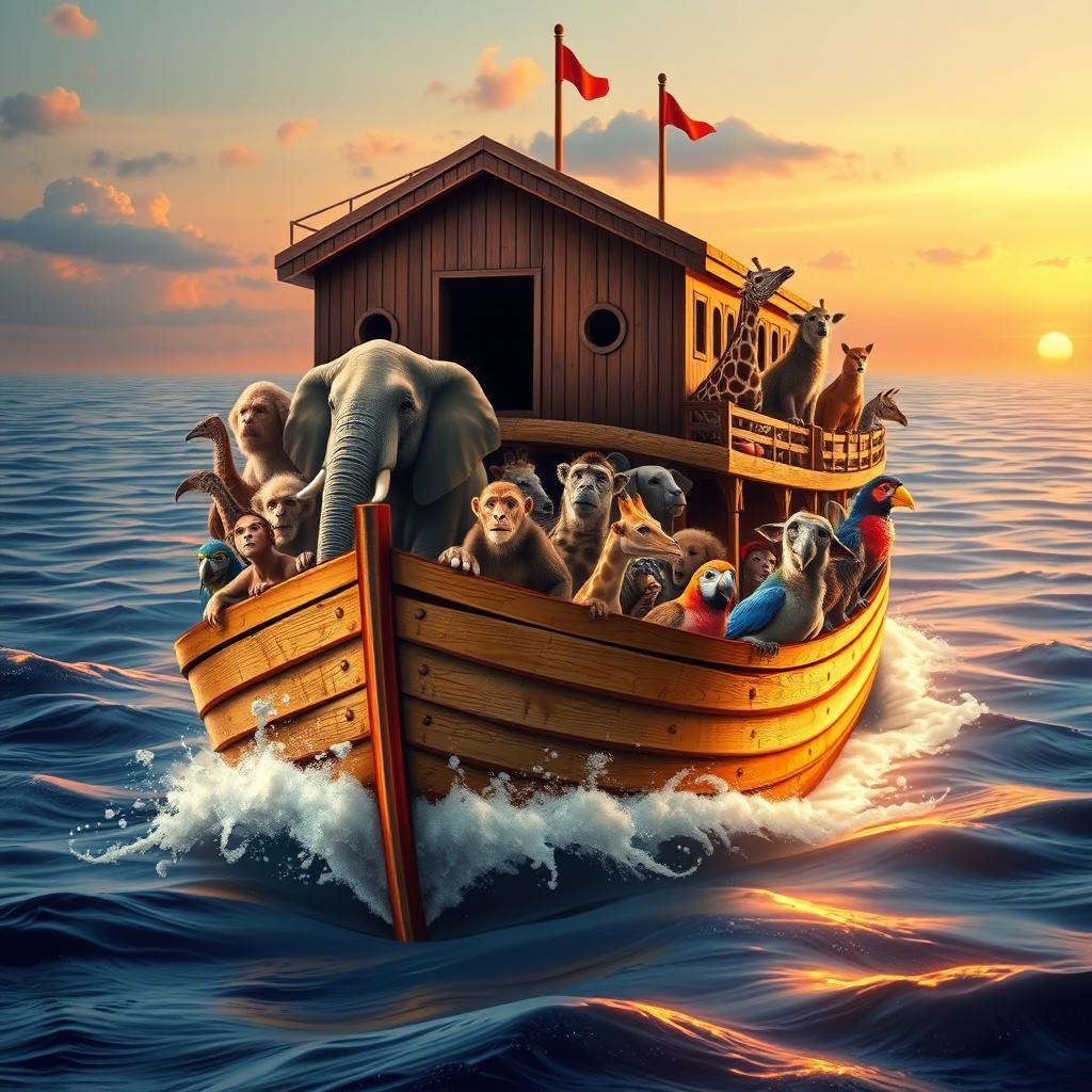 The biblical Noah's Ark sailing gracefully on a vast ocean, surrounded by a diverse array of animals peering out from the boat