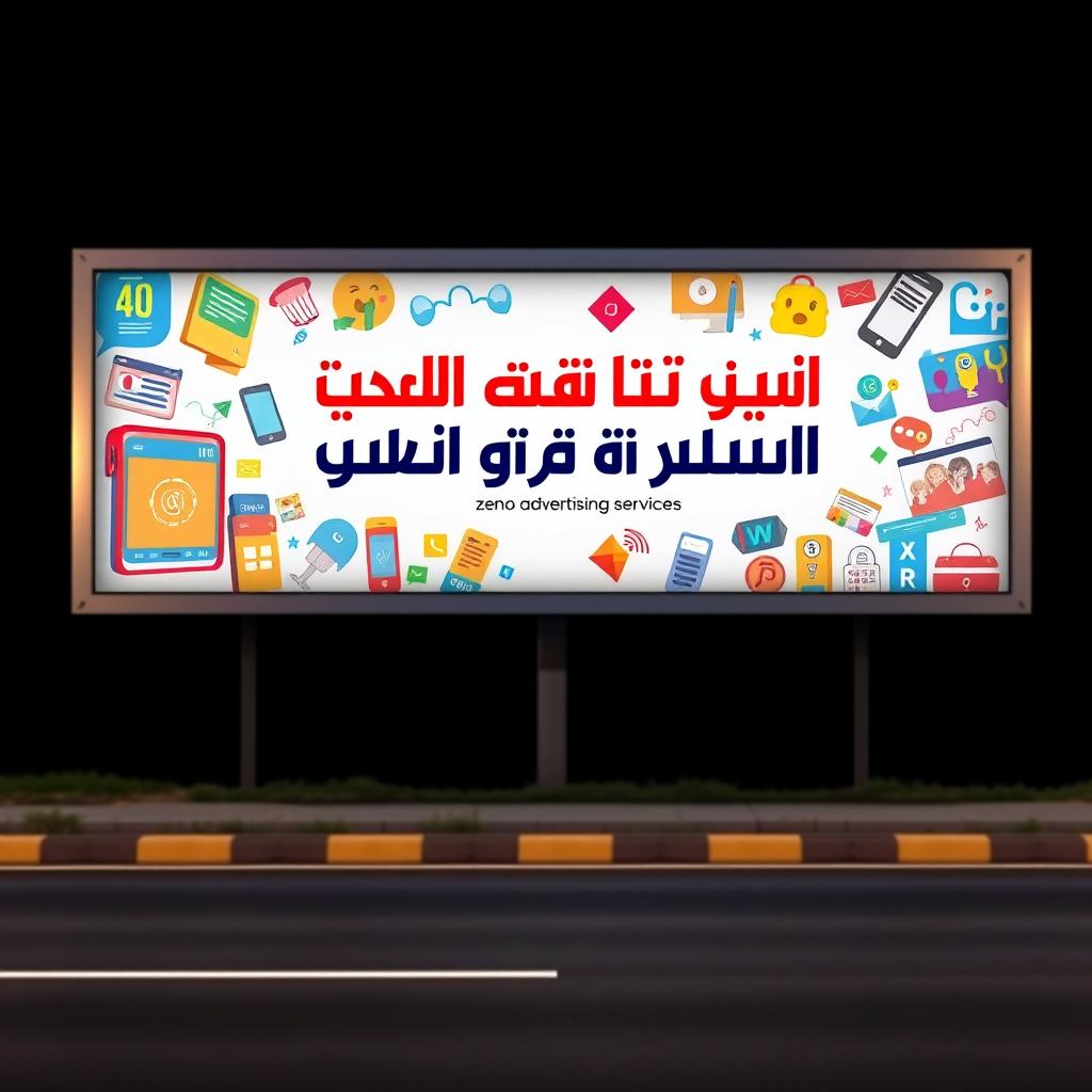 A roadside billboard featuring the text 'مجموعة زينو للخدمات الإعلانية' (Zeno Advertising Services) in bold Arabic script