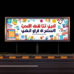 A roadside billboard featuring the text 'مجموعة زينو للخدمات الإعلانية' (Zeno Advertising Services) in bold Arabic script