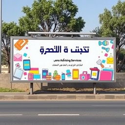A roadside billboard featuring the text 'مجموعة زينو للخدمات الإعلانية' (Zeno Advertising Services) in bold Arabic script
