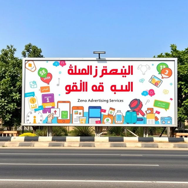 A roadside billboard featuring the text 'مجموعة زينو للخدمات الإعلانية' (Zeno Advertising Services) in bold Arabic script