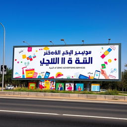 A roadside billboard featuring the text 'مجموعة زينو للخدمات الإعلانية' (Zeno Advertising Services) in bold Arabic script