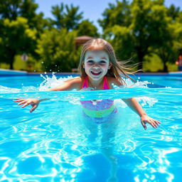 A young girl swimming joyfully in a clear blue swimming pool, sunlight sparkling on the water's surface