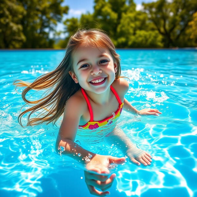 A young girl swimming joyfully in a clear blue swimming pool, sunlight sparkling on the water's surface