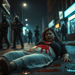 A dramatic scene depicting a surreal and intense moment in a gritty urban environment