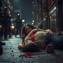 A dramatic scene depicting a surreal and intense moment in a gritty urban environment