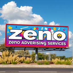 A vibrant roadside billboard showcasing the business name 'Zeno Advertising Services'