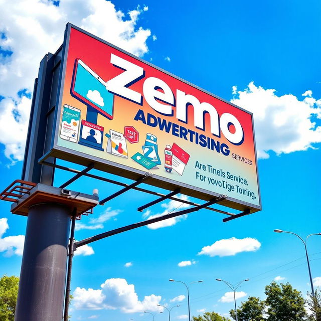 A vibrant roadside billboard showcasing the business name 'Zeno Advertising Services'