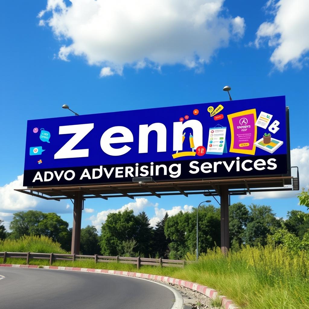 A vibrant roadside billboard showcasing the business name 'Zeno Advertising Services'