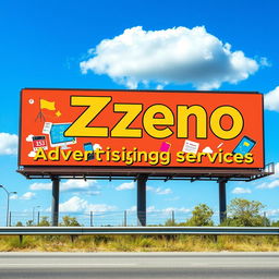 A vibrant roadside billboard showcasing the business name 'Zeno Advertising Services'