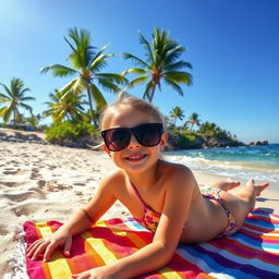 A young girl sunbathing on a sandy beach, surrounded by a picturesque seaside landscape