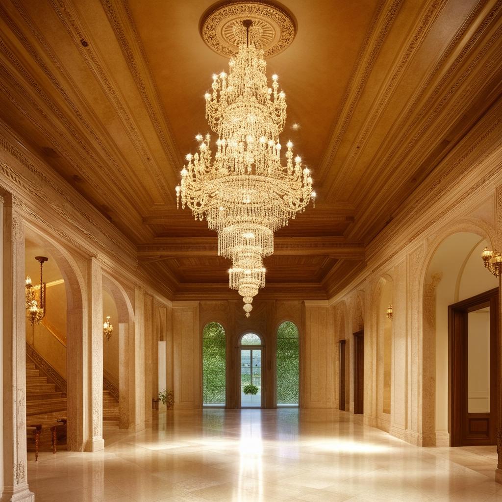 A spacious, elegant hall with high ceilings, ornate chandeliers, antique wooden furniture, and polished marble floors reflecting softer light.