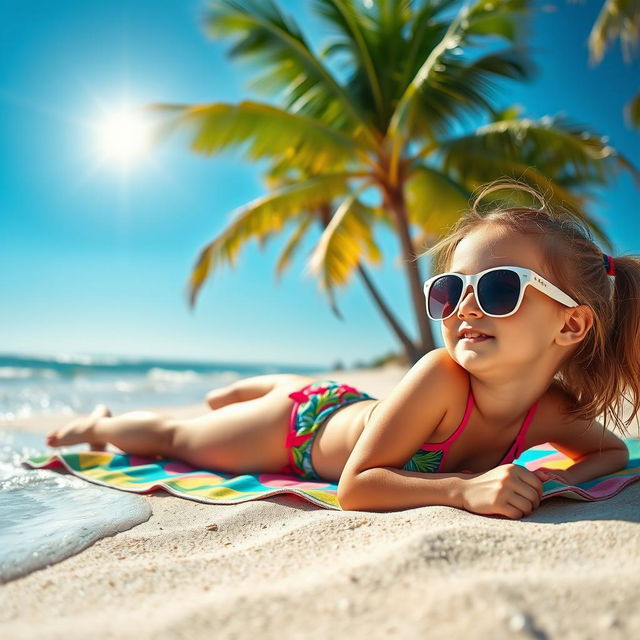 A young girl sunbathing on a sandy beach, surrounded by a picturesque seaside landscape