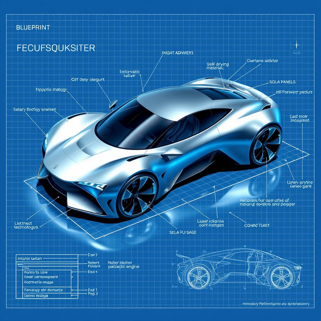 A detailed blueprint of a futuristic car, showcasing an aerodynamic design and advanced technology