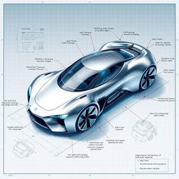 A detailed blueprint of a futuristic car, showcasing an aerodynamic design and advanced technology
