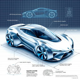 A detailed blueprint of a futuristic car, showcasing an aerodynamic design and advanced technology