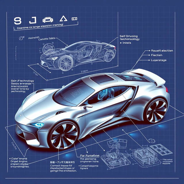 A detailed blueprint of a futuristic car, showcasing an aerodynamic design and advanced technology