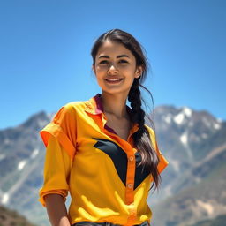 A stylish young woman posing outdoors, wearing a brightly colored shirt with a modern design, in front of majestic mountains in the background