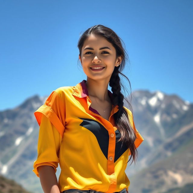 A stylish young woman posing outdoors, wearing a brightly colored shirt with a modern design, in front of majestic mountains in the background