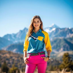 A stylish young woman posing outdoors, wearing a brightly colored shirt with a modern design, in front of majestic mountains in the background