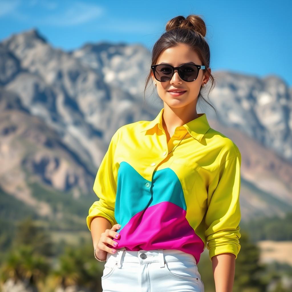 A stylish young woman posing outdoors, wearing a brightly colored shirt with a modern design, in front of majestic mountains in the background